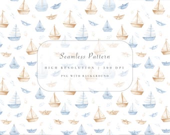 Papierschiffchen und Segelboot Muster - Nautische Baby Junge nahtlose Clipart - Blau Beige Boot Kindergarten Kunst - sofortiger Download - kommerzielle Nutzung