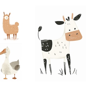 Farm Animal Clipart Set, Cute Cow Clipart, Farm Animal Doodle Clipart, Lama, Sheep, Duck, Nursery Animal Wall Art, Junk Journal, Scrapbook