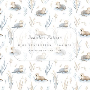May include: Watercolor seamless pattern featuring otters in various poses, set against a backdrop of aquatic plants and reeds in shades of blue, beige, and brown. The design includes the text "Seamless Pattern" and other details.