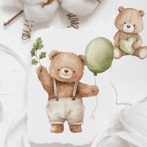May include: Watercolor illustration of a brown teddy bear holding a green balloon and a sprig of leaves. The bear wears white overalls with suspenders. Another bear holds a green heart. Cotton bolls and white ribbon are in the background.
