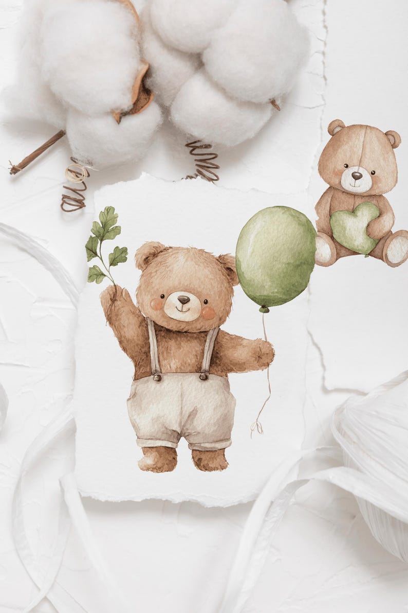 May include: Watercolor illustration of a brown teddy bear holding a green balloon and a sprig of leaves. The bear wears white overalls with suspenders. Another bear holds a green heart. Cotton bolls and white ribbon are in the background.