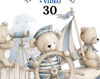 30 Nautical Teddy Bear Clipart PNG + Video, Baby Boy Ocean Bears, Sailor Bear Nursery Bundle, Cute Blue Teddy Sea Clipart, Baby Clipart Set