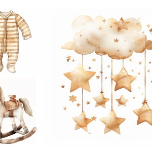 Neutralny pakiet clipartów do pokoju dziecięcego, dekoracje na baby shower, cliparty dla noworodków, sztuka ubranek dla dzieci, cliparty dla małych koni, ilustracja do pokoju dziecięcego, dziennik śmieci