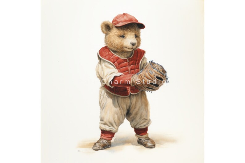 May include: A brown bear wearing a red baseball uniform with a catcher's mitt. The bear is wearing a red cap with a white brim and a white jersey with a red chest protector. The bear is holding a brown leather catcher's mitt with blue stitching.