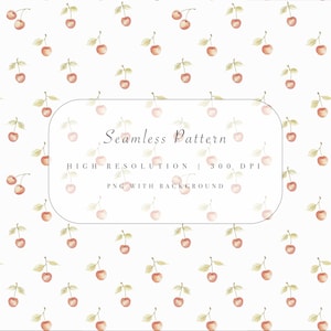 Cherry Seamless Pattern PNG - Watercolor Red Cherries and Leaves - Pastel Fruit Digital Paper - Commercial Use
