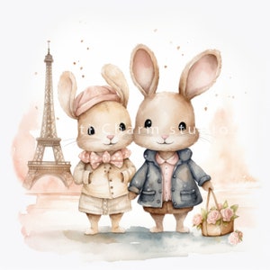 Watercolor Rabbits in Paris Clipart Bundle, High Quality Jpgs, Couples ...