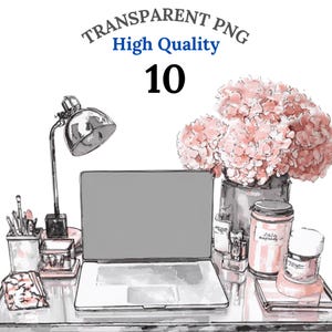 Może przedstawiać: Akwarelowa ilustracja aranżacji biurka z laptopem, lampą biurkową i wazonem z różowymi kwiatami. Inne elementy to pojemnik na ołówki, mała taca i świeca. Tekst "TRANSPARENT PNG High Quality 10" znajduje się na górze.