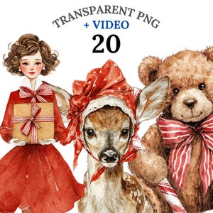 20 Vintage Christmas Clipart PNG + Video, Retro Holiday Bundle, Watercolor Santa, Deer, Toys, Instant Download, Junk Journal, Commercial Use