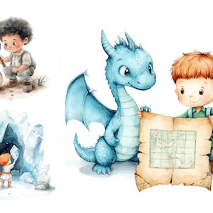 Paquete de imágenes prediseñadas de bebé dragón, imágenes prediseñadas de fantasía de acuarela, arte de pared para guardería, archivos JPG de alta calidad, imágenes prediseñadas del reino, dragón lindo, mapa del tesoro