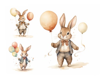 Watercolor Birthday Bunny Clipart Bundle 9 High Quality JPGs, Nursery Decor, Bunny with Balloons Clipart, Printable Clipart, Bunny Clipart