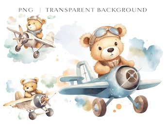 Airplane Teddy Bear Watercolor Clipart Bundle 9 High Quality PNGs, Baby Bear Pilot, Nursery Decor, Baby Wall Art, Cute Clipart for Baby Boys