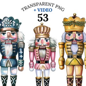 以下が含まれることがあります： 青、ピンク、金色の3体のカラフルなくるみ割り人形。 各人形は詳細な制服と王冠を持っています。 画像には「TRANSPARENT PNG + VIDEO 53」というテキストが含まれています。