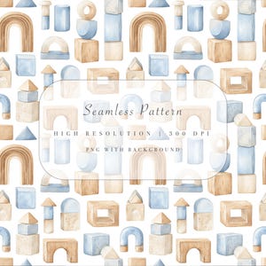 Juguetes de madera Montessori con patrón sin costuras PNG - Bloques, arcos y formas de acuarela - Papel digital infantil neutro - Uso comercial