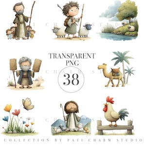 May include: Watercolor illustrations of religious figures, animals, and nature scenes. Depicted are a shepherd with sheep, a camel, a rooster, and a man with children. The image includes the text "TRANSPARENT PNG 38" and "COLLECTION BY PATI CHARM STUDIO."