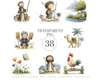38 Nativity Clipart Set, Bonus Video, Watercolor Christmas Bible Story PNG, Jesus Mary Joseph, Christian Nursery Art, Stable, Commercial Use