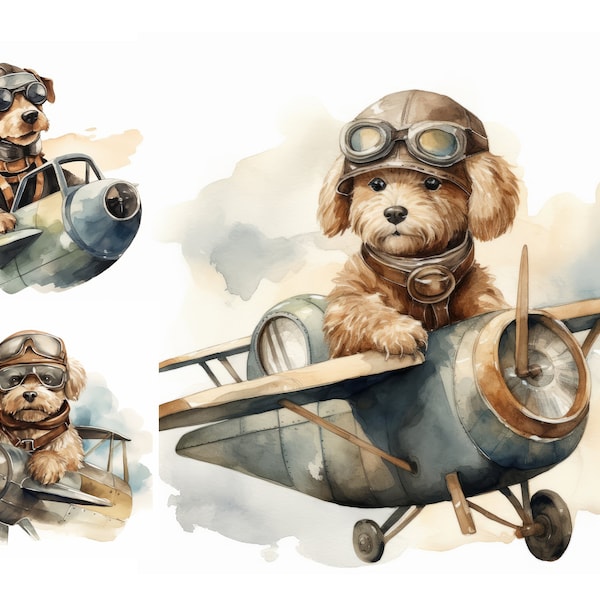 Aviator Dog Watercolor Clipart Bundle, JPGs, Baby Airplane Clipart, Baby Boy, Airplane Decor, Digital Print Baby Shower Art, Planner Clipart