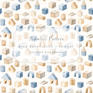 Bloques de madera con patrón sin costuras PNG - Formas Montessori de acuarela - Papel digital educativo para bebés - Uso comercial