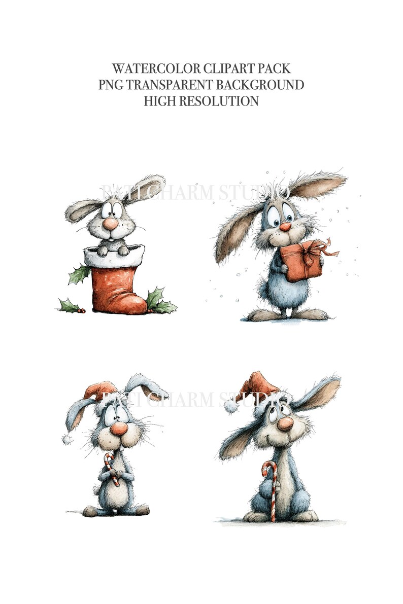 Christmas Bunny Clipart Set, Cute Winter Rabbits, Holiday Bunny PNG ...