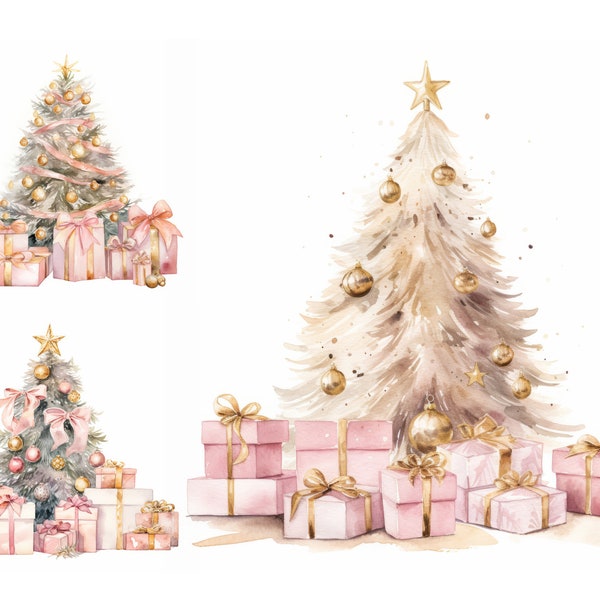 Pink Christmas Tree Watercolor Clipart Bundle, High Quality JPGs, Watercolor Christmas Tree Clipart, Pink Christmas Clipart, Watercolor Tree