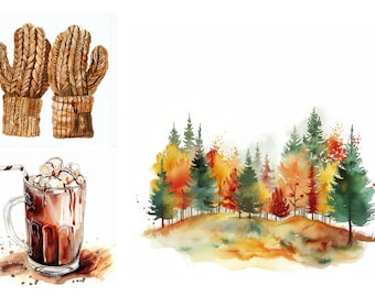 Aquarell Herbst Clipart Bundle, Herbst Blätter Clipart, Eichel Clipart, Herbst Landschaft Clipart, Scrapbooking, Aufkleberdesign, Junk Journal
