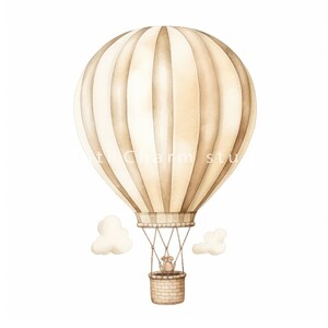 May include: A watercolor illustration of a beige and white striped hot air balloon with a brown wicker basket. The balloon is floating in the air with two small white clouds.