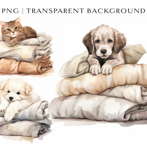 Sleeping Baby Pets Clipart PNG, High Quality, Watercolor Nursery Clip Art, Dog and Cats Clipart, Watercolor Pets, Pillow Clipart, Nursery
