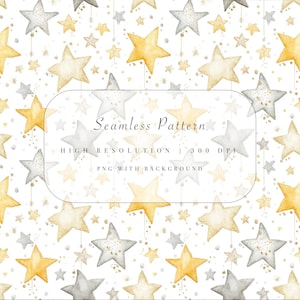 以下が含まれることがあります： 金とグレーの色合いの水彩星が特徴のシームレスパターン。白い背景に小さな星が散りばめられています。「Seamless Pattern」の文字とその他の詳細が含まれています。高解像度、背景付きPNG。