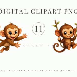 Baby Monkey Clipart PNG, Watercolor Jungle Safari Animals, Cute Monkey Illustrations for Nursery Decor, Baby Shower, Transparent Images