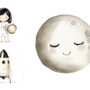 Space Watercolor Clipart Bundle, Cute Astronaut Clip Art, Baby Shower Decor, Rocket Clipart, Planets Ship Clipart, Nursery Wall Art, Digital