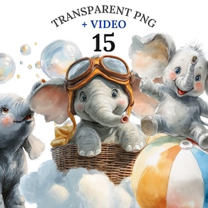 Conjunto de 15 imágenes PNG de lindos elefantes bebés, paquete de elefantes en acuarela, imágenes prediseñadas de safari para guardería, imágenes PNG para baby shower, descarga digital, uso comercial