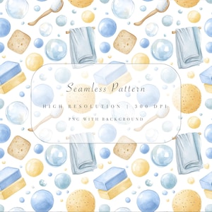 Baby Bath Seamless Pattern – PNG (with Background) – Watercolor Bubble Clipart – Nursery Bathroom Digital Paper – Commercial Use