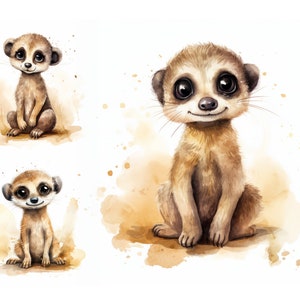 Paquete de imágenes prediseñadas de suricata, Imágenes prediseñadas de suricata linda, Animales bebé de acuarela, JPG, Scrapbooking, Imágenes prediseñadas de suricata linda, Arte de pared de guardería, Arte de bebé