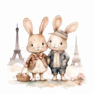 Watercolor Rabbits in Paris Clipart Bundle, High Quality Jpgs, Couples ...