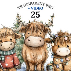 25 Christmas Highland Cow PNG Clipart + Video, Christmas Cow PNG, Watercolor Clipart, Festive Clipart, Digital Download, Commercial Use