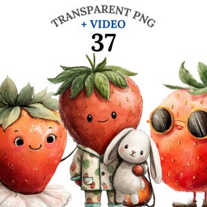 37 Quirky Strawberry Clipart PNG, Cute Strawberry Clipart, Kawaii, Whimsical Fruit Stickers, Digital Download, Sublimation, Summer Clipart