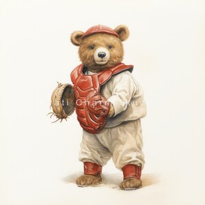 May include: A brown teddy bear wearing a red baseball catcher's uniform, including a chest protector, shin guards, and a catcher's mitt. The bear is holding a baseball mitt in its left paw and is looking to the right.