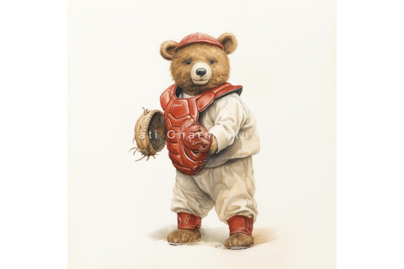 May include: A brown teddy bear wearing a red baseball catcher's uniform, including a chest protector, shin guards, and a catcher's mitt. The bear is holding a baseball mitt in its left paw and is looking to the right.