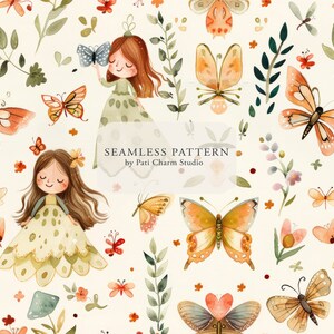 Fairy Floral Watercolor Paper, Digital Paper for Kids, Commercial Use, Nursery Paper, Watercolor Fairy Pattern, Seamless Pattern, Scrapbook