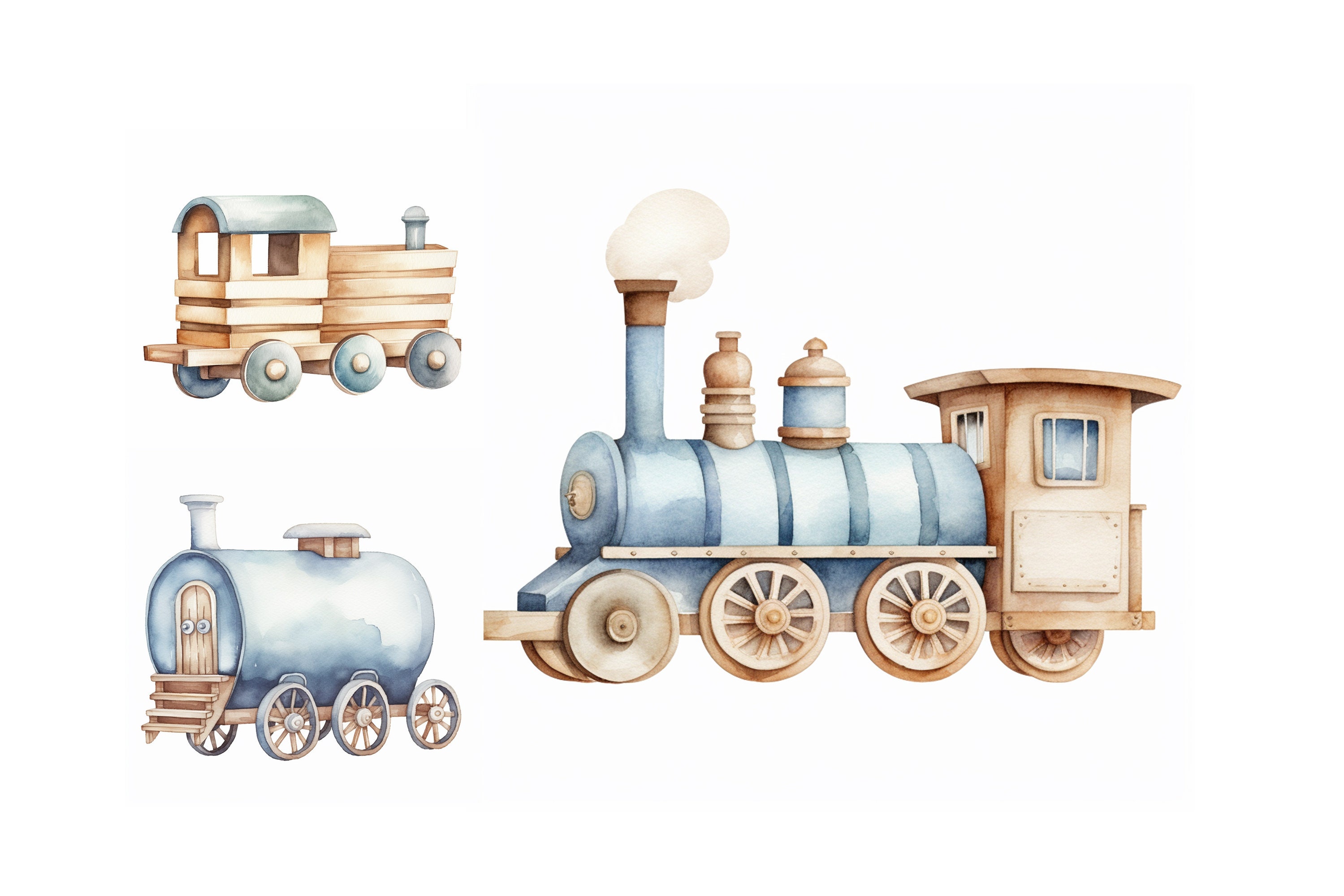 Watercolor Train Clipart Bundle, High Quality JPGs, Nursery Wall Art, Baby Boy Clipart, Its a Boy Clipart, Transport Clipart Boy Baby Shower