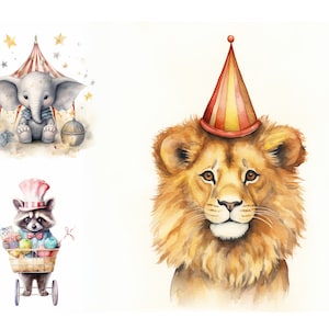 Paquete de imágenes prediseñadas de acuarela de circo, JPG, Imágenes prediseñadas de fiesta de circo de acuarela, Imágenes prediseñadas de animales de circo, Decoración de ducha de bebé, Arte de pared de guardería, Circo