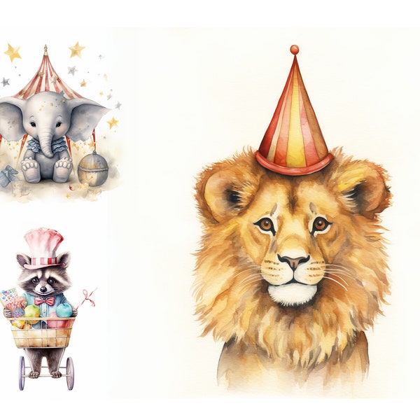 Circus Watercolor Clipart Bundle, JPGs, Watercolor Circus Party Clipart, Circus Animals Clipart, Baby Shower Decor, Nursery Wall Art, Circus