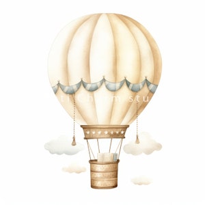 May include: A watercolor illustration of a beige hot air balloon with blue and white striped trim. The balloon has a basket with books inside and is floating above white clouds.