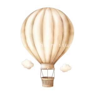 May include: A beige watercolor hot air balloon with a wicker basket, floating in the sky with two small white clouds.