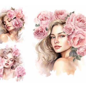 Bundle di clipart donna con rose, clipart persone dell’acquerello, clipart bella donna, diario spazzatura, download digitale, acquerello stampabile