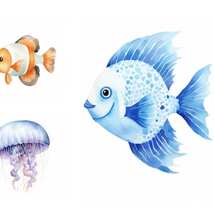 Under The Sea Clipart Bundle, JPGs, Nursery Art, Watercolor Nautical Clipart for Baby Shower Birthday Invitation, Fish Clipart, Digital Art