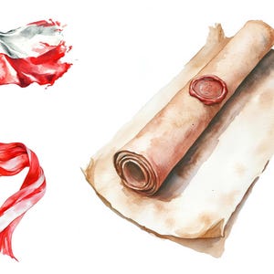 Historische rol, Poolse vlag, rood lint, inktveer, anjerboeket, erepenning, justitieweegschaal, gekroonde adelaar, kaart Polen, nationaal