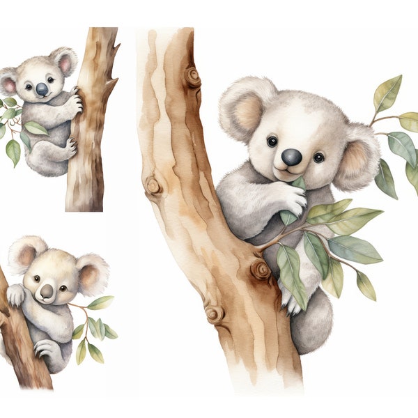 Watercolor Koala Clipart Bundle, High Quality JPGs, Cute Koala on Tree Clip Art, Nursery Decor, Baby Shower Invite, Scrapbook Images for Kid