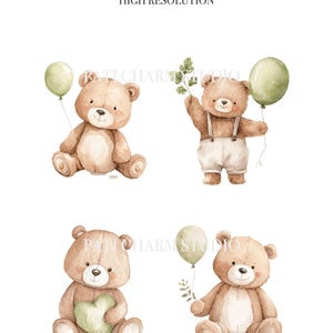 May include: Watercolor clipart pack featuring four adorable teddy bears. Each bear is a different pose, holding a balloon, a sprig of leaves, or a heart. The bears are light brown with white accents and green balloons.