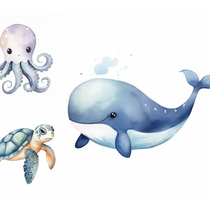 Aquarell Meer Tiere Clipart Bundle 9 hochwertige JPGs, süße Meerestiere Clip Art für Baby Shower Einladen, Digitaldrucke, Karten machen
