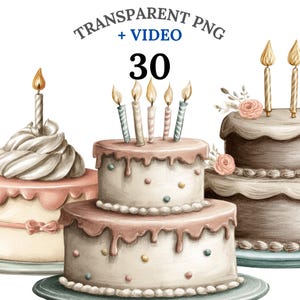 30 Birthday Cake Clipart Set, Watercolor PNG Cakes With Candles ...